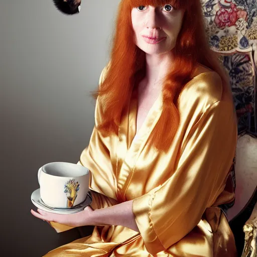 Prompt: stunning detailed closeup portrait photo of a slender beautiful smiling woman with long ginger hair and bangs, wearing a luxurious silk robe, wearing headphones and posing with her large ginger tabby cat and her raccoon and parrots in an easy chair in her sunlit victorian living room, holding a porcelain coffee mug and a donut, perfect eyes, fashion photo, octane render, unreal engine