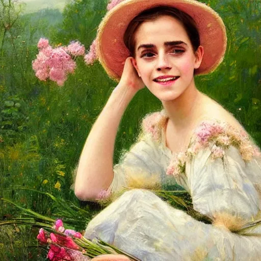 Image similar to laughing mouth open very thick paint brush strokes paint texture full body fashion model emma watson by Jeremy Lipking by Hasui Kawase by Richard Schmid (((smokey eyes makeup eye shadow fantasy, glow, shimmer as victorian woman in a long white frilly lace dress and a large white hat having tea in a sunroom filled with flowers, roses and lush fern flowers ,intricate, night, highly detailed, dramatic lighting))) , high quality