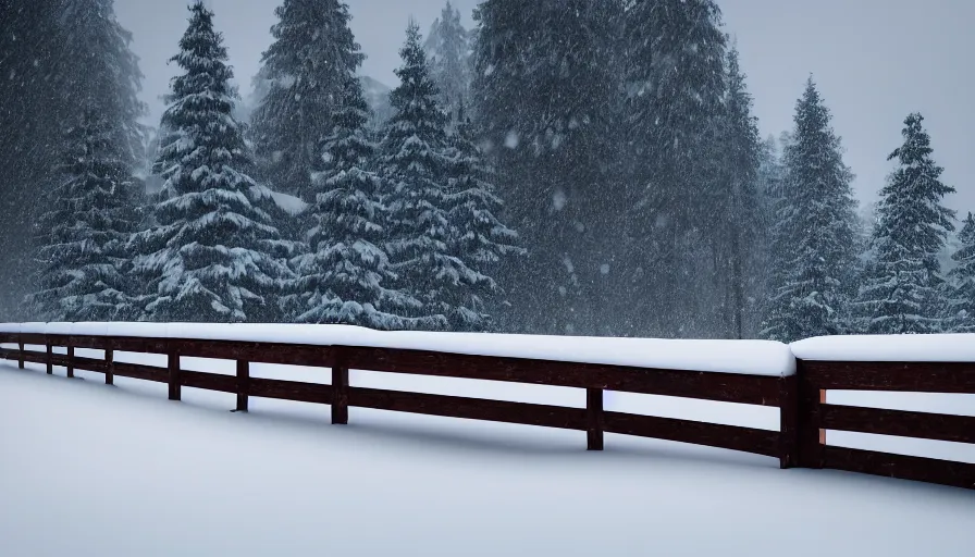 Image similar to wooden guardrails covered by snow in beautiful winter landscape. fog, snowstorm, photorealistic rendering, octane