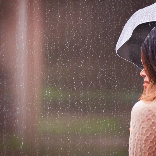 Prompt: a photo of a female made out of hexagons stone, trying to feel the rain, 5 0 mm lens, f 1. 4, sharp focus, ethereal, emotionally evoking, head in focus, volumetric lighting, 8 k