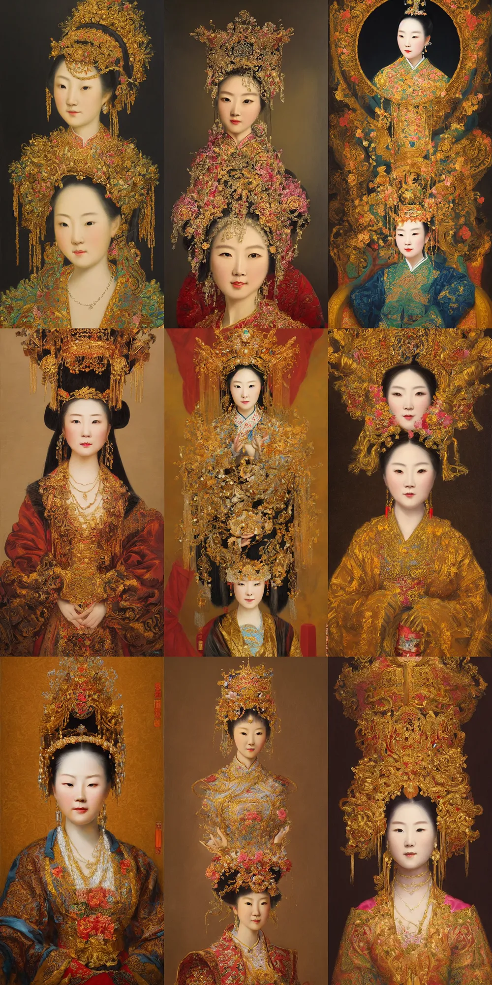 Prompt: a highly detailed romantic period style oil painting of a beautifully lit Chinese empress wearing an ornate golden headdress by Josep Tapiró Baró, trending on artstation, masterpiece, symmetry