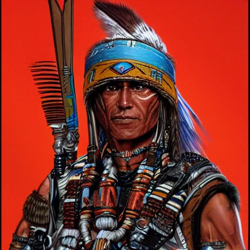 Prompt: a native american/aztec cybernetic mercenary in the style of Jean Giraud detailed realistic HD 8k High Resolution