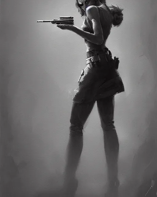 Image similar to Hyper realistic painting of a girl holding a gun, noir, hyper detailed, by greg rutkowski, trending on artstation