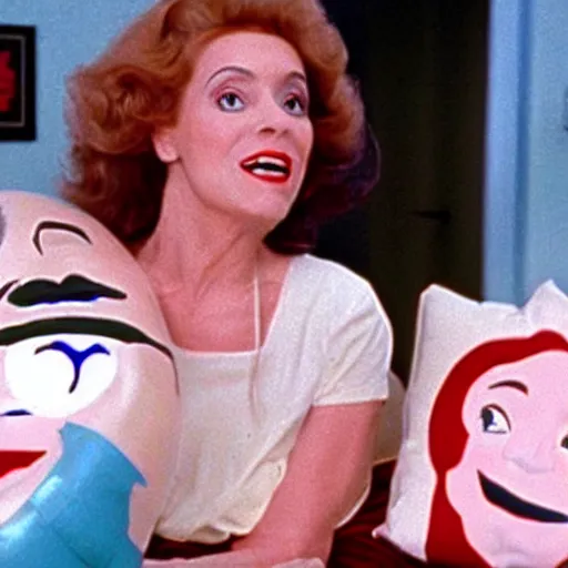 Image similar to still from a 1983 independent film about a desperate housewife wearing an inflatable cartoon face as she meets a handsome younger man in a seedy motel room