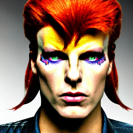 Prompt: film still photo portrait mugshot of ziggy stardust as a jojo bizarre adventure character, realistic, hyperrealistic, 8 k resolution, hd quality, very detailed, highly detailed, intricate details, real life, real world, trending on artstation, digital art, really realistic, very realistic, headshot, head in frame, photograph, portrait, mugshot