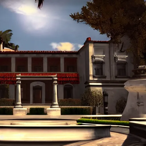 Prompt: a spanish colonial mansion, mass effect 2 screenshot