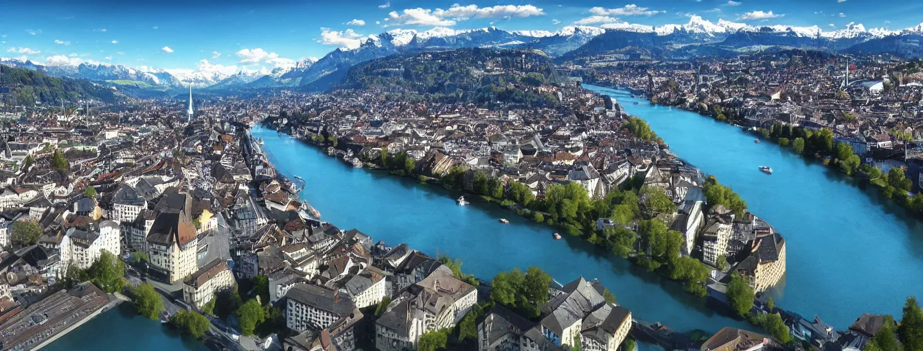 Image similar to Photo of Zurich, looking down the Limmat and the lake and the alps, wide angle, volumetric light, hyperdetailed, light blue water, artstation, cgsociety, 8k