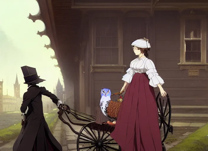 Image similar to victorian britain 1 8 3 5, florence nightingale travelling in a carriage with her pet owl in the pocket of her apron gapmoe yandere grimdark, trending on pixiv fanbox, painted by greg rutkowski makoto shinkai takashi takeuchi studio ghibli