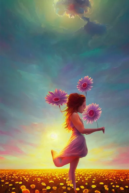 Image similar to giant daisy flower as head, girl dancing in a flower field, surreal photography, sunrise, dramatic light, impressionist painting, colorful clouds, digital painting, artstation, simon stalenhag