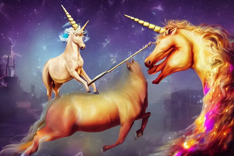 Image similar to cheesy unicorn impales man on bloody horn, airbrush, sparkles, dynamic lighting