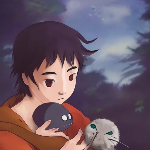 Image similar to guy holding small creature , with Fragile looking character portrait face made by Studio Ghibli highly detailed art, beautiful scene, sharp focus, smooth, nostalgic 8k, anime art, pixiv, accent lighting