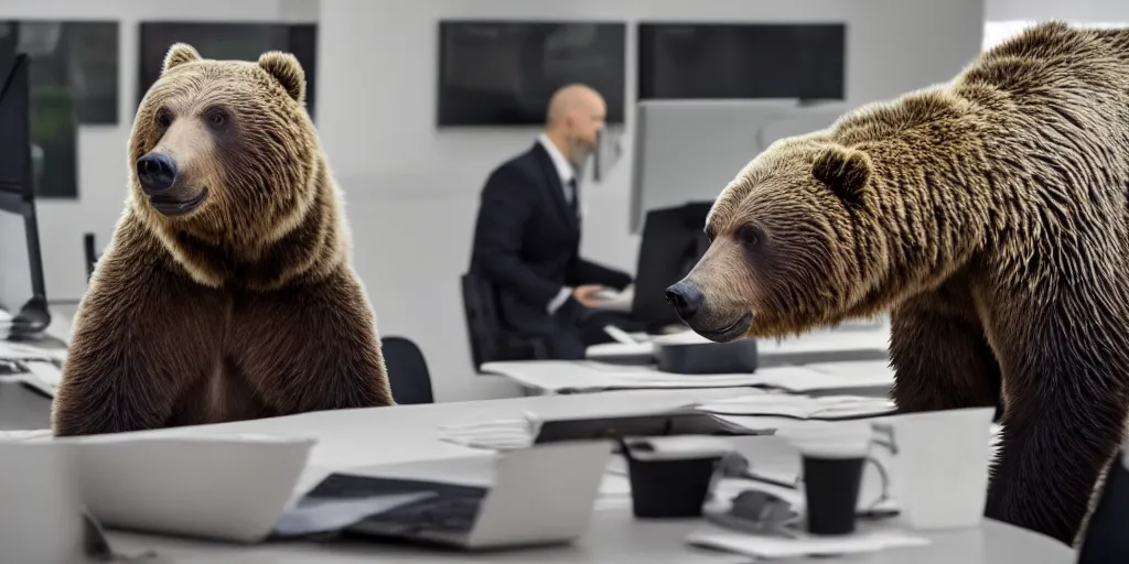 Prompt: A photo of a grizzly bear in a business suit working in a corporate office, 4K, realistic,