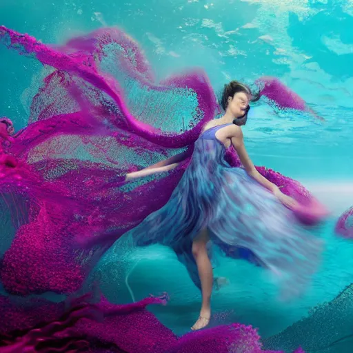 Image similar to woman dancing underwater wearing a flowing dress made of blue and magenta seaweed, delicate coral sea bottom, swirling silver fish, swirling smoke shapes, octane render, caustics lighting from above, cinematic