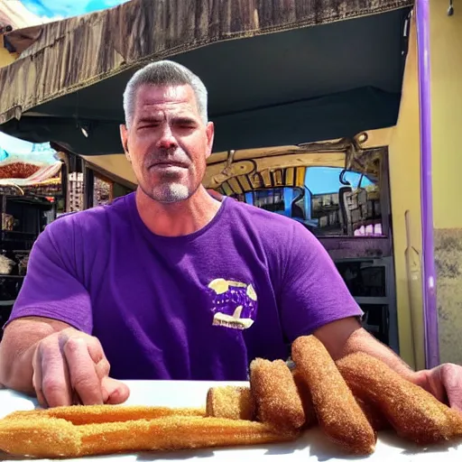 Image similar to thanos from mcu eating a churros at a bar in tharros ( sardinia )