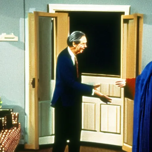 Image similar to mr. rogers welcoming emperor palpatine into his home, color tv screen 1 9 7 0 s