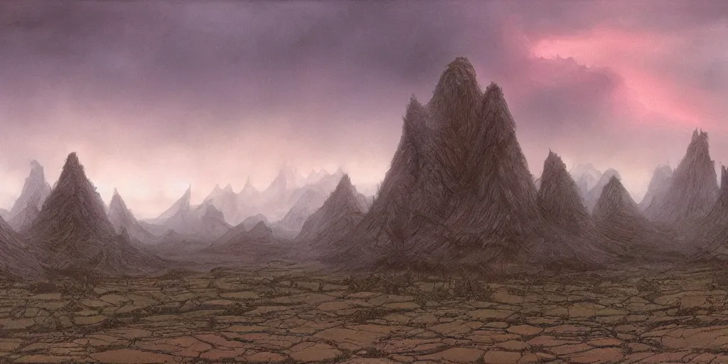 Image similar to Artwork by John Howe of the cinematic view of Xu, a dark planet of dark timberlands, windy scrublands, and mystic valleys, beneath heavy pink clouds.