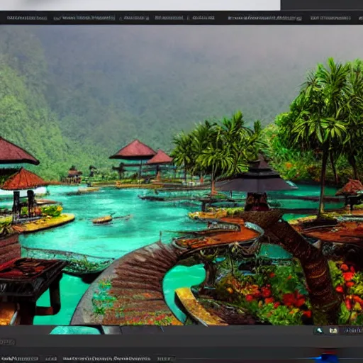 Image similar to A beautiful, perfect, impressive, amazing concept art digital CG painting of a place in Bali, trending on ArtStation, Unreal Engine