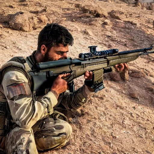 Image similar to kurdish ypg sniper in a movie directed by christopher nolan, movie still frame, promotional image, imax 7 0 mm footage, 8 k uhd