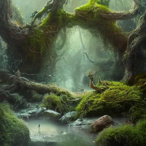 Image similar to soft painting render curiosities alien desolated world pond vegetation rocks, beautiful fairy creature covered moss scintillating, accurate features, focus, very intricate ultrafine details, random volumetric lighting, dense fog, award winning masterpiece, octane render 8 k hd, artstation, tom bagshaw