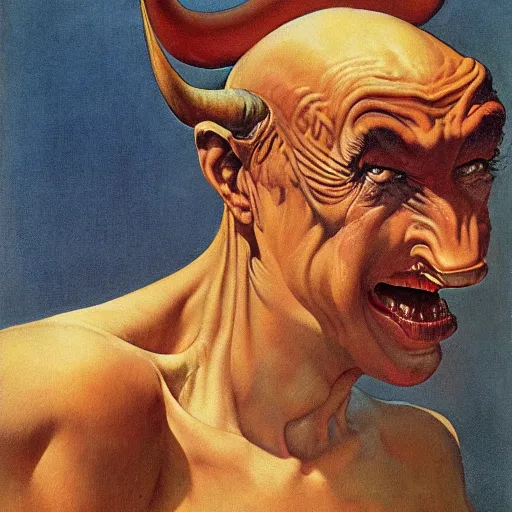 Prompt: upper body portrait a thick-necked horned demon, by norman rockwell and boris vallejo