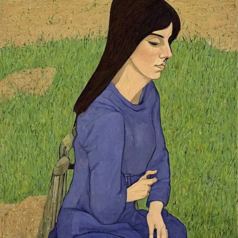 Image similar to a painted portrait of a women outdoors paused in thought, art by felice casorati, aesthetically pleasing and harmonious natural colors, rule of thirds, expressionism