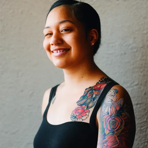 Image similar to gorgeous portrait of a young woman with tattoos who works for the oakland museum of california, golden hour