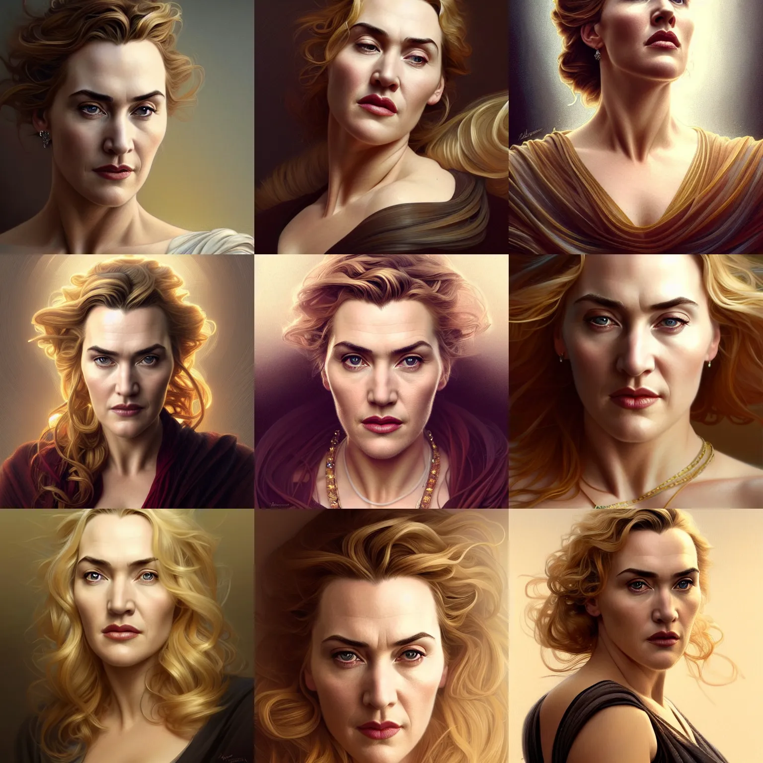 Prompt: portrait of kate winslet, intricate, elegant, highly detailed, digital painting, artstation, concept art, smooth, sharp focus, illustration, art by artgerm and greg rutkowski and alphonse mucha, 8 k