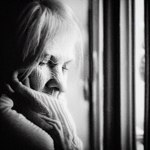 Image similar to black and white fashion photograph highly detailed portrait of a depressed beautiful mature model woman standing by the window, natural light, lomo, fashion photography, film grain, soft vignette, sigma 85mm f/1.4 1/10 sec shutter