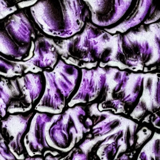 Image similar to a mushroom's gills from the bottom that is purple and grey with intricate microscopic view of patterns ; maximum realism ; maximum detailed close - up ; dramatic lighting