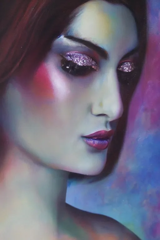 Prompt: hyperrealism oil painting, close - up portrait of european brunette indian fashion model, queen, steel gradient mixed with nebula sky, in style of baroque mixed with 7 0 s japan book art