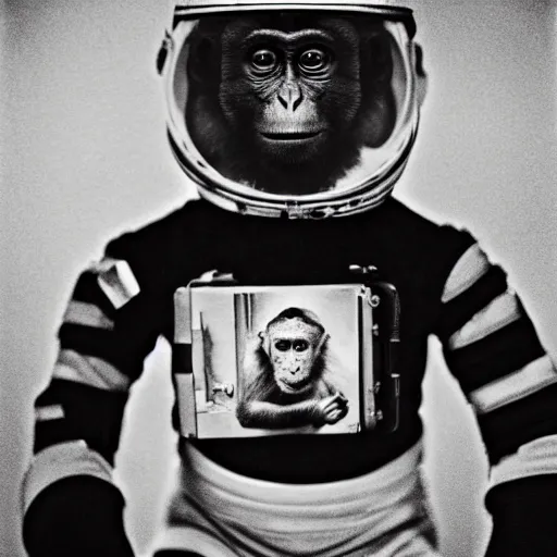 Prompt: Portrait of a monkey astronaut in the style of 1800s century photographs, 35mm film photography, Black and white