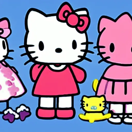 Image similar to airbrush of hello kitty and sanrio characters playing outside at a playground on a sunny day