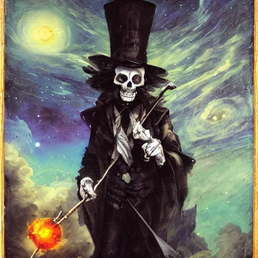 Image similar to grim-hatter, skull cane, voodoo ritual gear, matte painting art from goya and pirner, cursed oil painting, cosmic nebula color tones