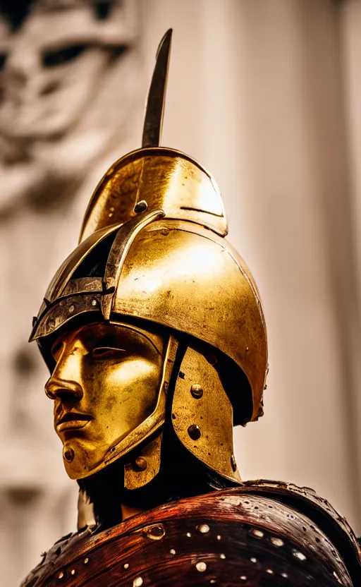 Prompt: a warrior wearing a corinthian helmet, museum photography, closeup, bokeh, golden hour