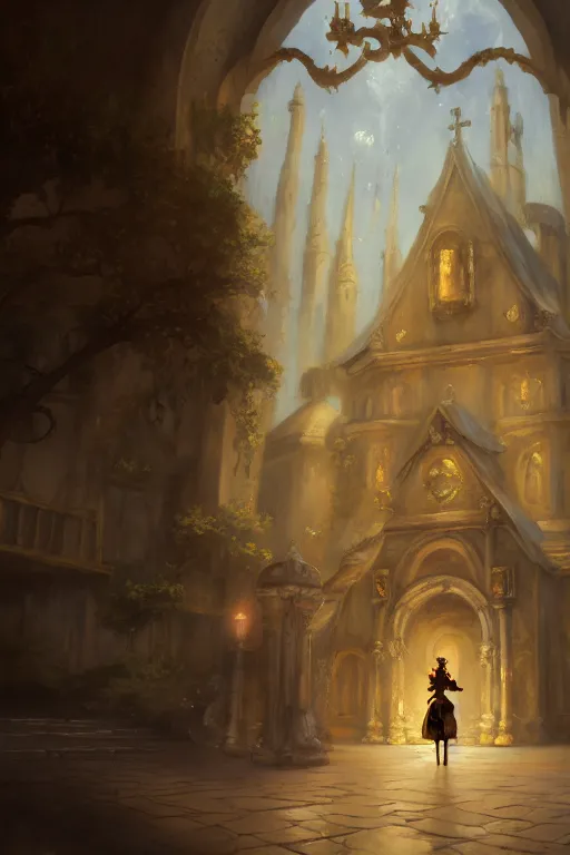 Prompt: baroque oil painting of anime key visual concept art of rustic grand stone chapel with female knight standing in the doorway wearing silver armor with gold trims, trending on artstation, brush strokes, oil on canvas, style of kawacy and makoto shinkai and greg rutkowski and studio ghibli