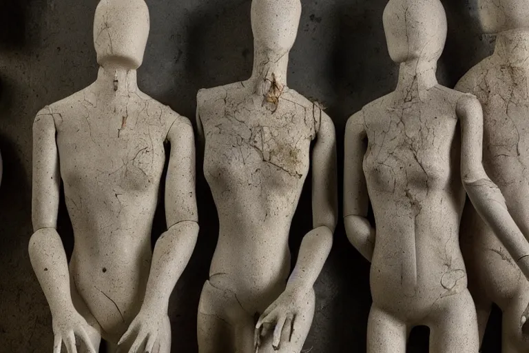 Prompt: vfx movie scene dilapidated mannequins closeup by emmanuel lubezki