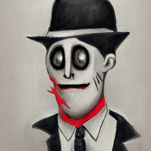 Prompt: a man in a suit and tie with a creepy face, a character portrait by christian jane fergusson, tumblr contest winner, dada, ominous, macabre, creepypasta