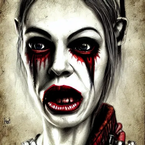 Image similar to surrealism grunge cartoon portrait sketch of harley quinn, by michael karcz, loony toons style, freddy krueger style, horror theme, detailed, elegant, intricate