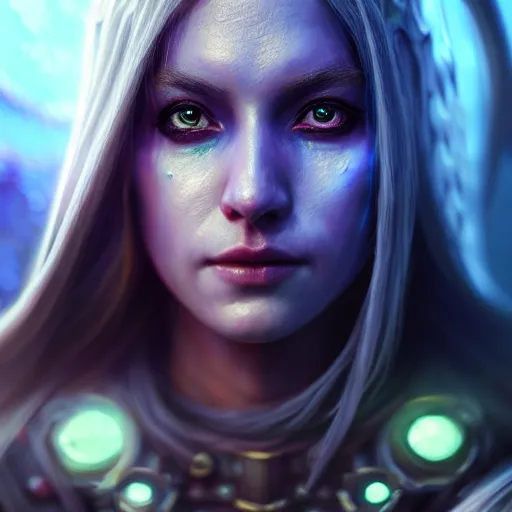 Image similar to ( ( ( ( ( hyperrealist distant portrait of sylvanas windrunner on a blue planet where it rains colors. ) ) ) ) ) by bayard wu, fantasy, photorealistic, octane render, unreal engine, dynamic lighting, trending on artstation, poster, volumetric lighting, very detailed faces, 4 k, award winning