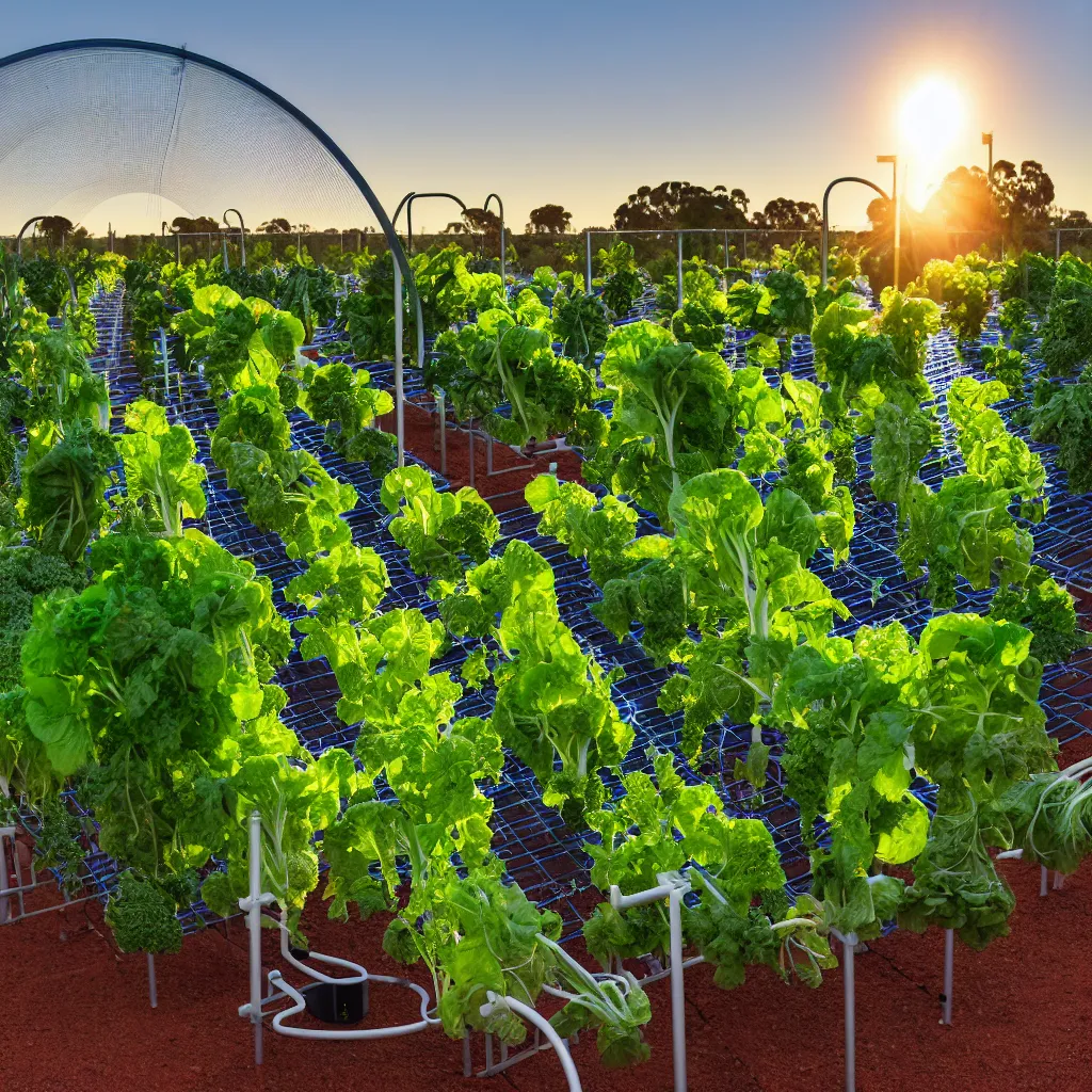 Image similar to torus shaped electrostatic water condensation collector tower, irrigation system in the background, racks of vegetables propagated under shadecloth, in the middle of the australian desert, XF IQ4, 150MP, 50mm, F1.4, ISO 200, 1/160s, natural light at sunset with outdoor led strip lighting