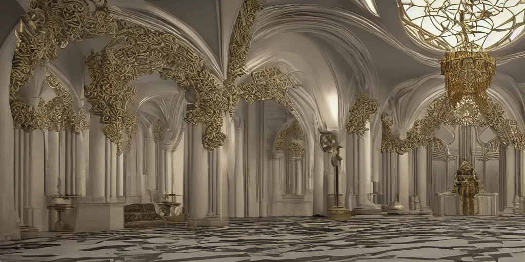 Image similar to ultra detailed, high definition, octane render 3d, throne room, stone pillars, high ceiling, art nouveau, goth