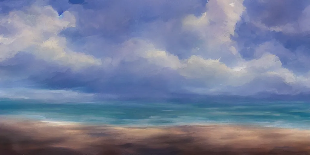 Prompt: painterly concept art landscape with oceans, clouds, and birds