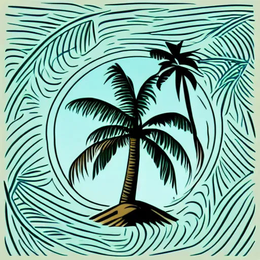 Prompt: waves in bottom front of a palm tree in front of a giant stylized volleyball vector logo, professional sports style, flat colour, svg, professional, sharp edges