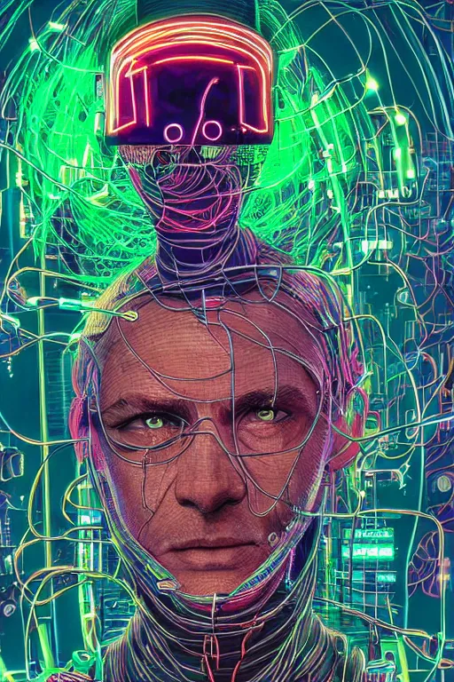 Image similar to stunning highly detailed portrait of a neuromancer billy gaat with cyber headgear surrounded by wires, neon colors, oil on canvas, strong lighting, by Josan Gonzalez, HD, 4K