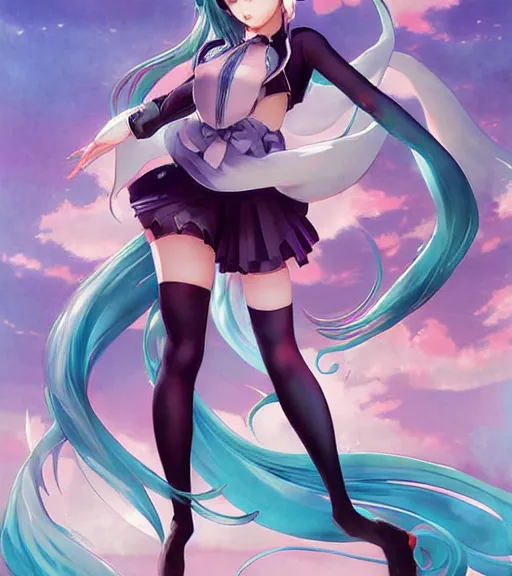 Image similar to Anime art of beautiful Hatsune miku with beautifel legs by artgerm, rossdraws, magali villeneuve, Gil Elvgren, Alberto Vargas, Earl Moran, Art Frahm, Enoch Bolles, symmetrical shoulders