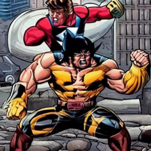 Prompt: wolverine fighting fist fighting a midget donald trump cinematic