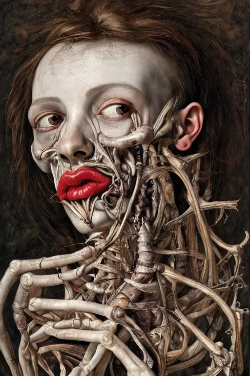 Image similar to Detailed maximalist portrait of a greek god with large lips and eyes, scared expression, botanical anatomy, skeletal with extra flesh, HD mixed media, 3D collage, highly detailed and intricate, surreal illustration in the style of Jenny Saville, dark art, baroque, centred in image