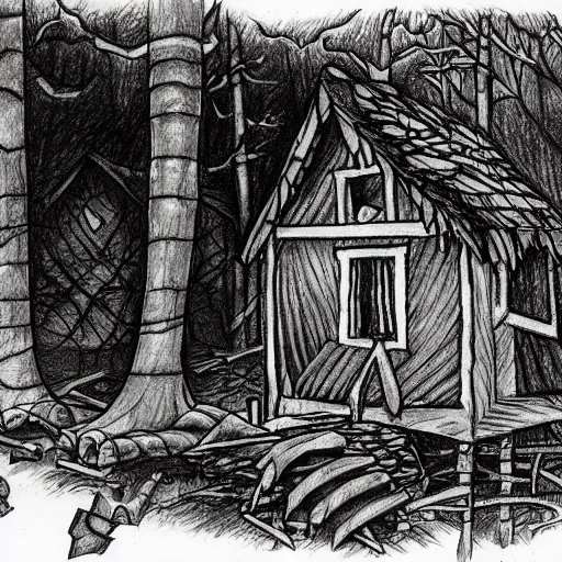 Image similar to a drawing of a Eerie cabin in the middle of the woods in the style of Albrecht Durer