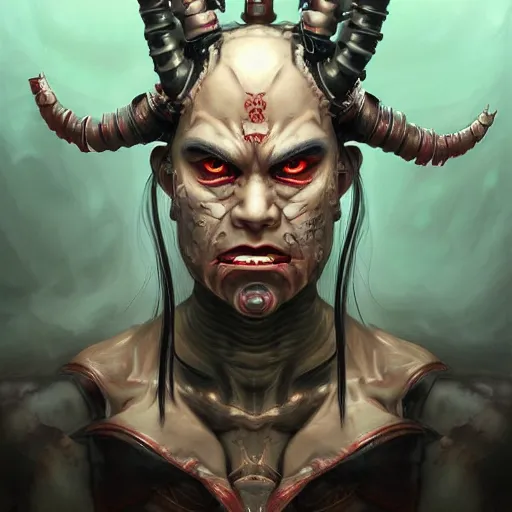 Image similar to portrait, cyberpunk japanese oni demon with horns and circuitry, augmented, stern expression, long hair, highly detailed, digital painting, artstation, concept art, smooth, sharp focus, illustration, artgerm, tomasz alen kopera, peter mohrbacher, donato giancola, joseph christian leyendecker, wlop, frank frazetta