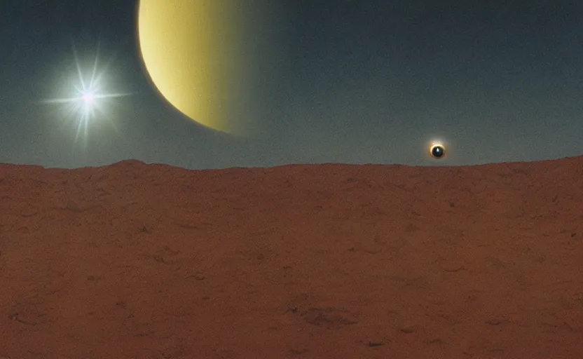 Image similar to levitating bene gesserit with white flowers and golden mask inside a thick black smoke in rocky desert landscape, solar eclipse in the sky, dry earth by gaspar noe and christopher doyle, anamorphic lens, anamorphic lens flares, kodakchrome, cinematic composition, practical effects, award winning photo, 8 k